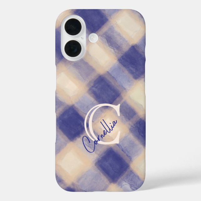 Monogram kariert Gingham Marine Blue Creme handsch iPhone 16 Hülle (Rückseite)