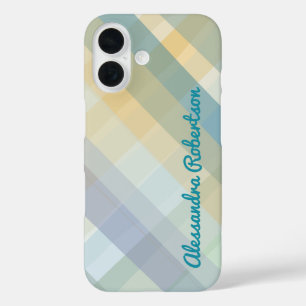 Monogram Kariert Pastel Blau Aquamarin Gelbe grüne iPhone 16 Hülle