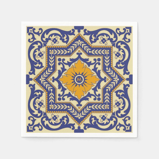 Monogram Keramik Azulejo Style Blue Napkins Serviette (Vorderseite)
