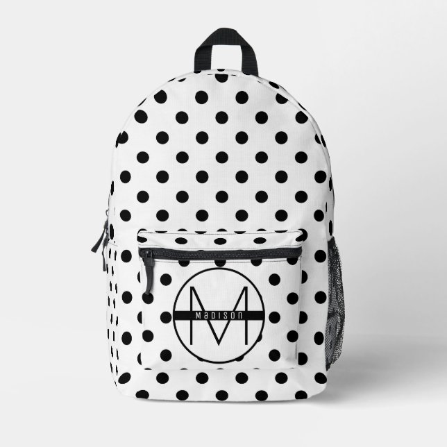Monogram Kids Classic Black and White Polka Dots Bedruckter Rucksack (Vorderseite)