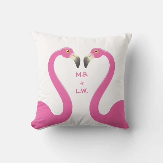 Monogram Kissing Flamingos weiße Kissendecke Kissen (Vorderseite)