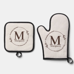 Monogram Kitchen Name Kranz Blätter Oma Ofenhandschuh & Topflappen-Set