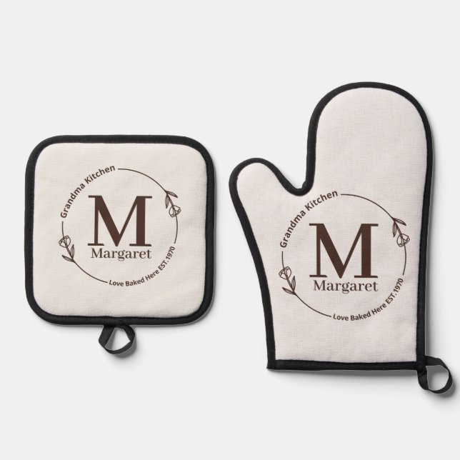 Monogram Kitchen Name Kranz Blätter Oma Ofenhandschuh & Topflappen-Set (Vorderseite)