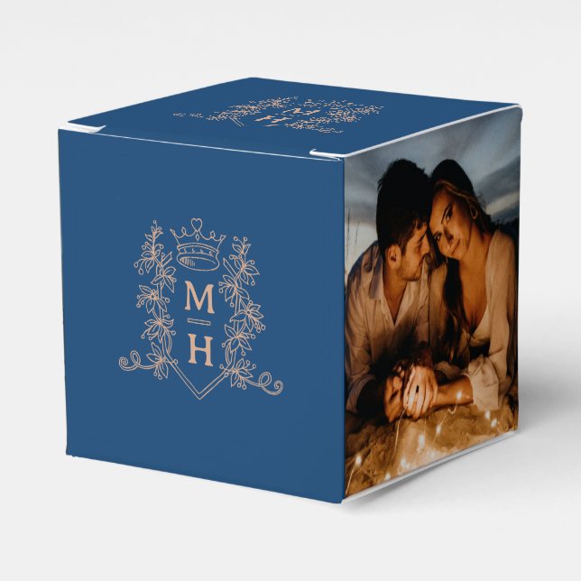 Monogram Kronenhochzeit Wappen Blau Rose Foto Hoch Geschenkschachtel (Vorderseite)