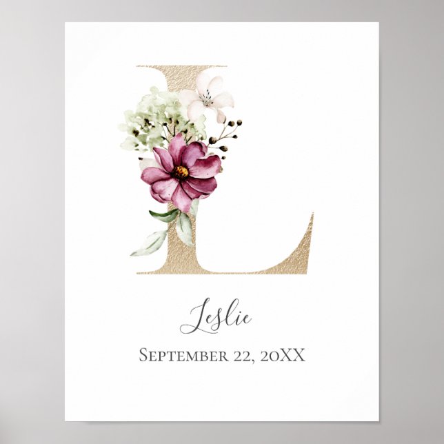 Monogram L Pink White Floral Gold Letter Kinderzim Poster (Vorne)