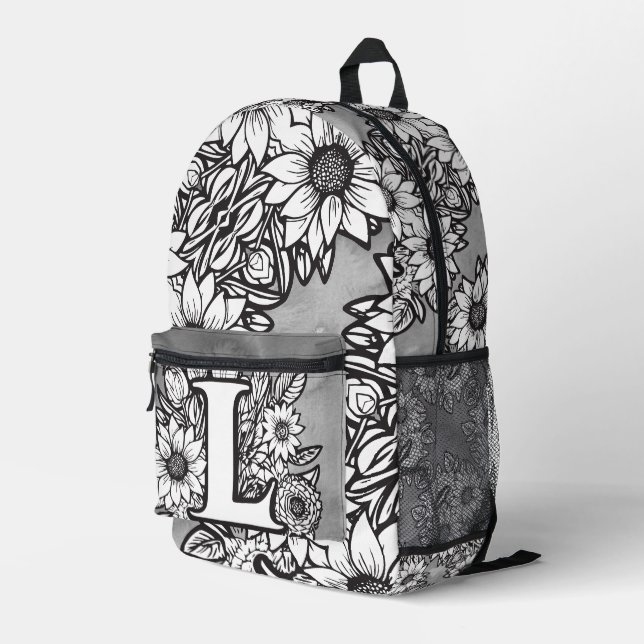 Monogram "L" Sunflower Pattern Black and White DIY Bedruckter Rucksack (Rückseitige Ecke Rechts)