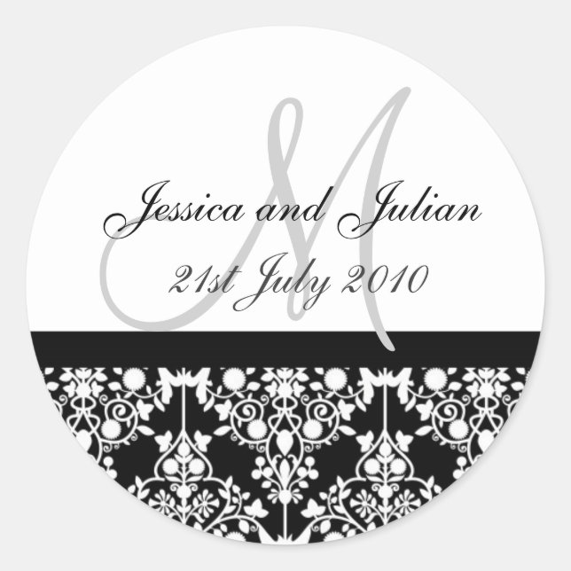 Monogram Labels - Damask Trellis - Black Runder Aufkleber (Vorderseite)