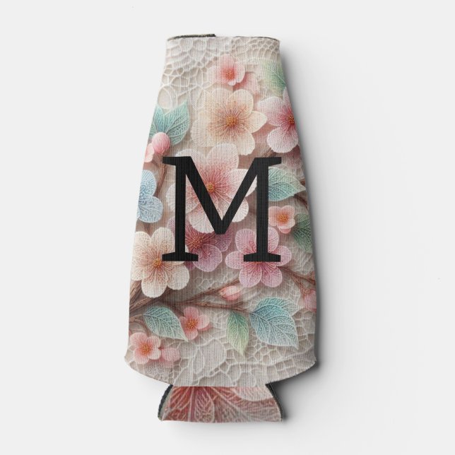 Monogram lace floral pink pastel cherry blossom  flaschenkühler (Vorderseite)