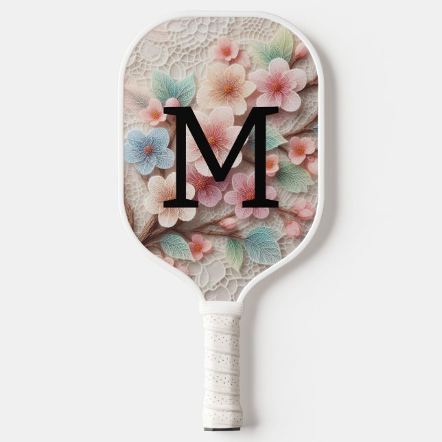 Monogram lace floral pink pastel cherry blossom  pickleball schläger (Vorderseite)