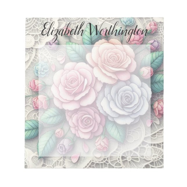 Monogram lace floral pink purple blue roses notizblock (Vorderseite)
