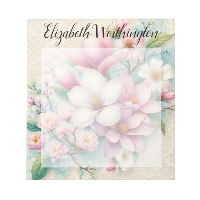 Monogram lace floral pink purple magnolia flower notizblock (Vorderseite)