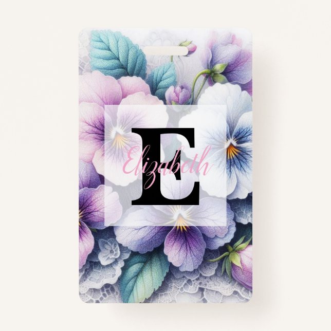 Monogram lace floral pink purple pansies flowers  ausweis (Vorderseite)