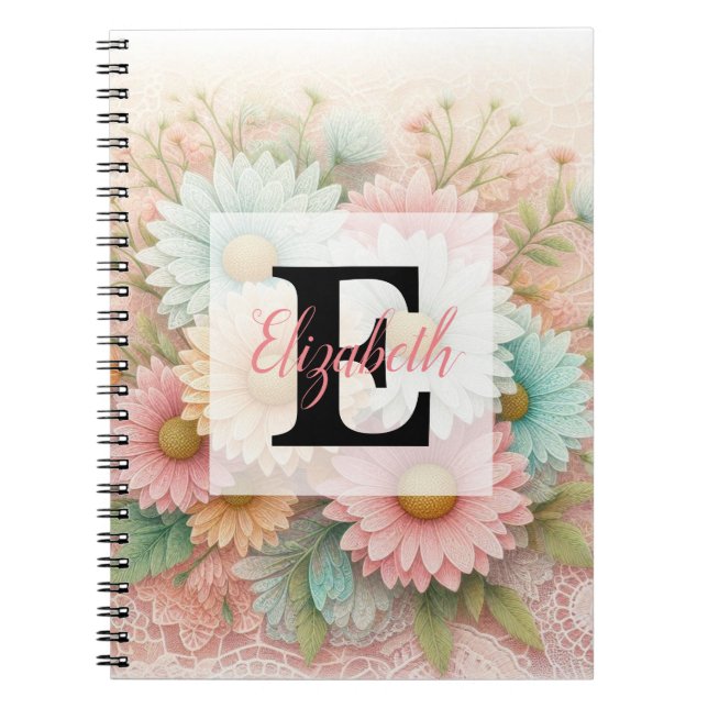 Monogram lace floral pink white blue daisies  notizblock (Vorderseite)