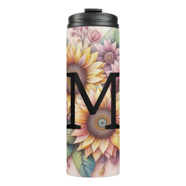 Monogram lace floral pink yellow orange sunflowers thermosbecher (Vorderseite)