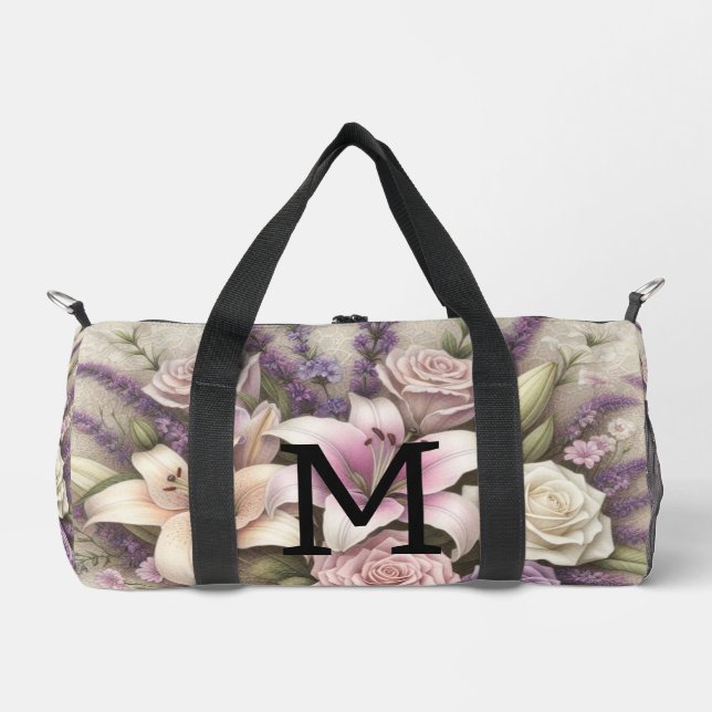 Monogram lace floral purple roses lavender lilies  duffle bag (Vorderseite)