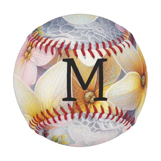 Monogram lace pink and yellow Spring flowers  Baseball (Vorderseite)