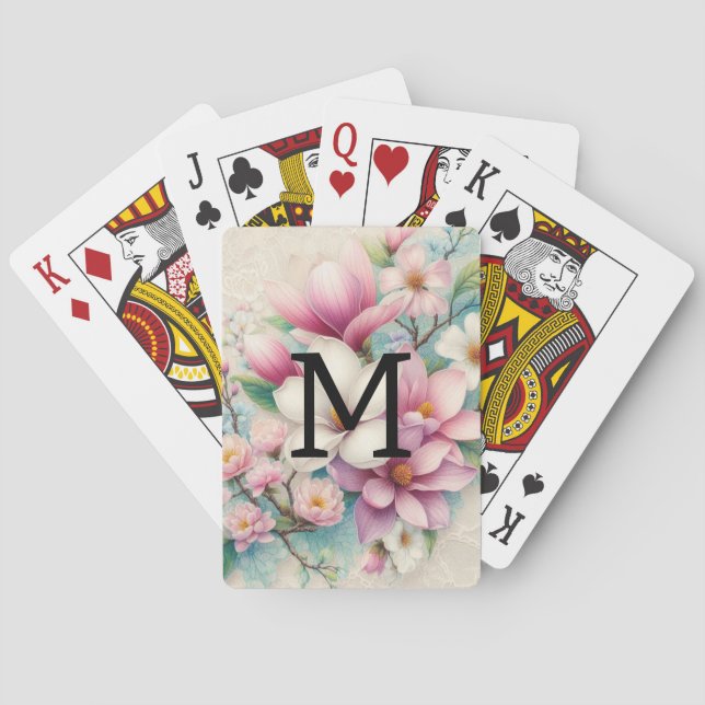 Monogram lace pink purple magnolias flowers  spielkarten (Rückseite)