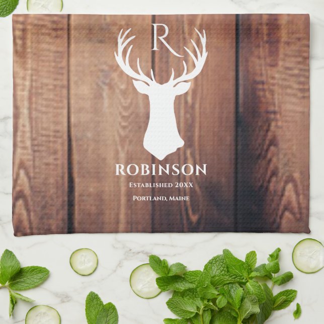 Monogram Lake Rustic Deer Antler Wood Geschirrtuch (Gefaltet)