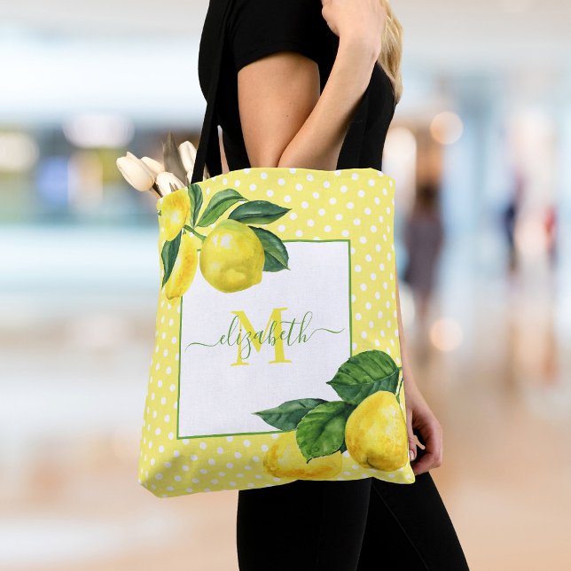 Monogram, ländlicher Lemon Aquarellpolka Punkt Tasche (Von Creator hochgeladen)