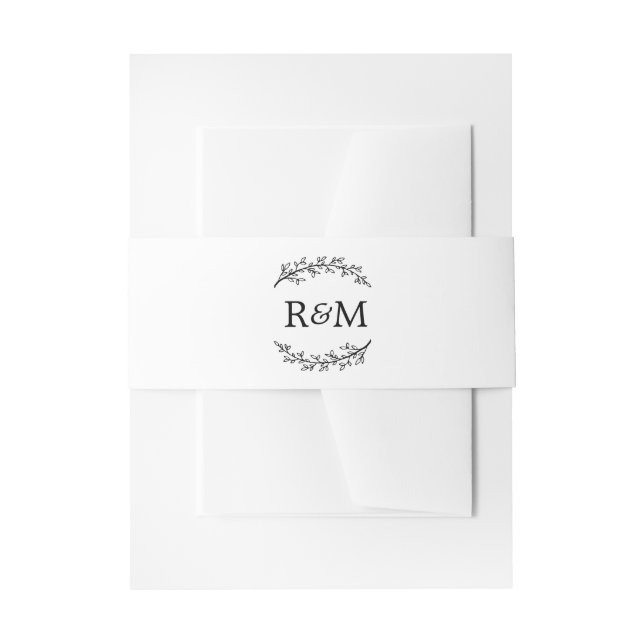 Monogram Laurel Olive Branches White Black Wedding Einladungsbanderole (Vorderseite Beispiel)