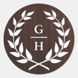 Monogram Laurel Wreath Rustic Wood Pattern Wedding Runder Aufkleber