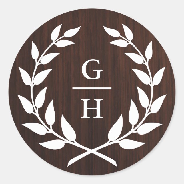 Monogram Laurel Wreath Rustic Wood Pattern Wedding Runder Aufkleber (Vorderseite)