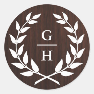 Monogram Laurel Wreath Rustic Wood Pattern Wedding Runder Aufkleber