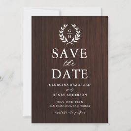 Monogram Laurel Wreath Rustic Wood Save the Date