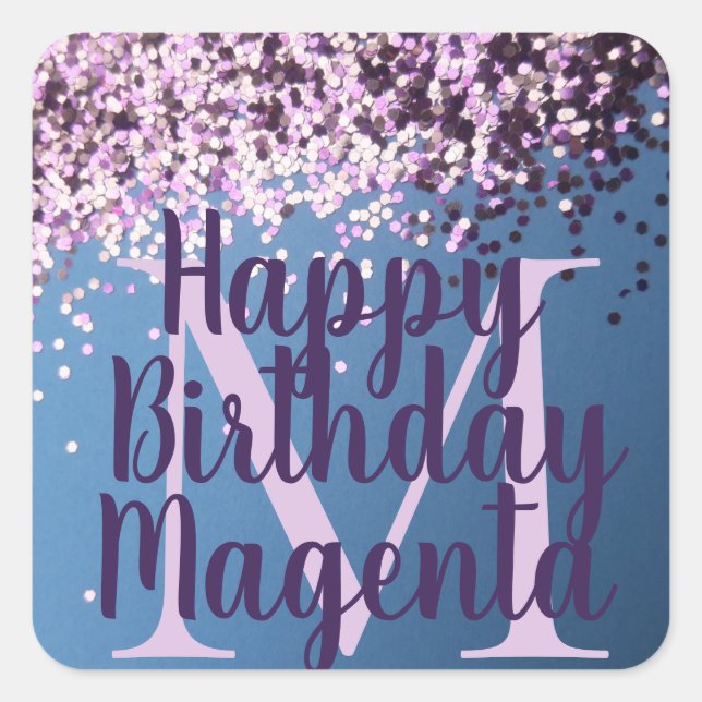 Monogram Lavender Confetti auf Blue Quadratischer Aufkleber (Vorderseite)