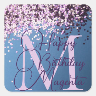 Monogram Lavender Confetti auf dem Blue Square Sti Quadratischer Aufkleber