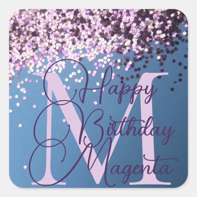 Monogram Lavender Confetti auf dem Blue Square Sti Quadratischer Aufkleber (Vorderseite)