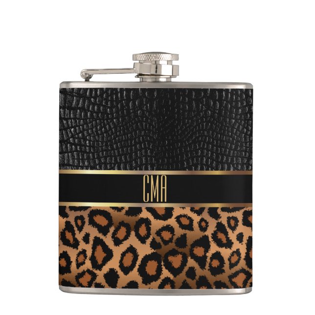 Monogram Leder und Leopard Muster Flachmann (Vorderseite)