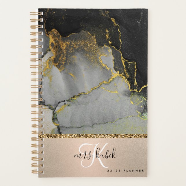 Monogram-Lehrer-Planner aus Gold und schwarzem Mar Planer (Vorderseite)