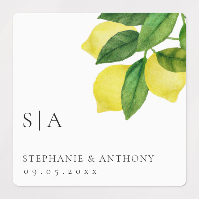 Monogram Lemon Citrus Branch Greenerity Wedding Etiketten (Design 1)