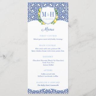 Monogram Lemons Blue Tiles Polterabend Party Menükarte
