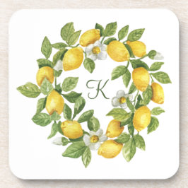 Monogram Lemons Wreath Green Yellow Getränkeuntersetzer