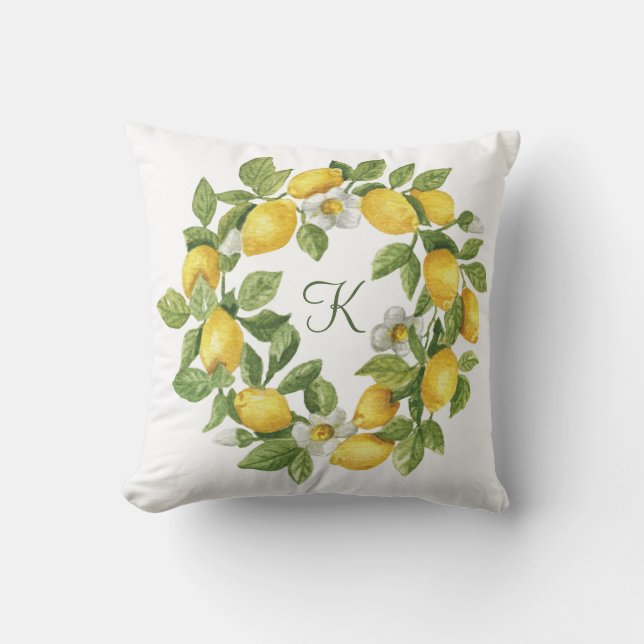 Monogram Lemons Wreath Green Yellow Kissen (Vorderseite)
