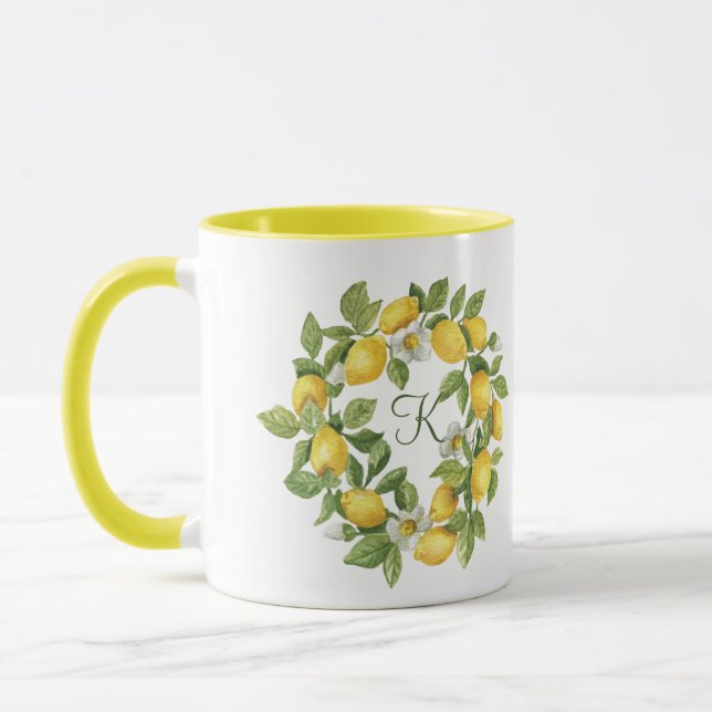 Monogram Lemons Wreath Green Yellow Tasse (Links)