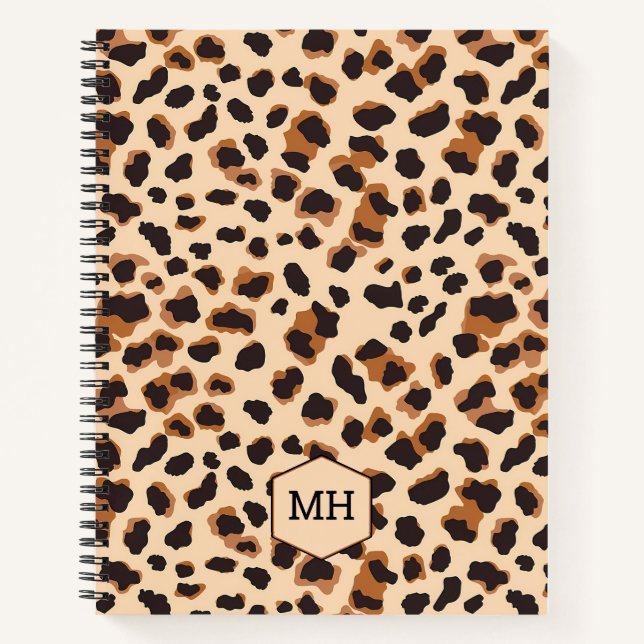 Monogram Leopard Print Chic Brown Blank Sketchbook Notizbuch (Vorderseite)