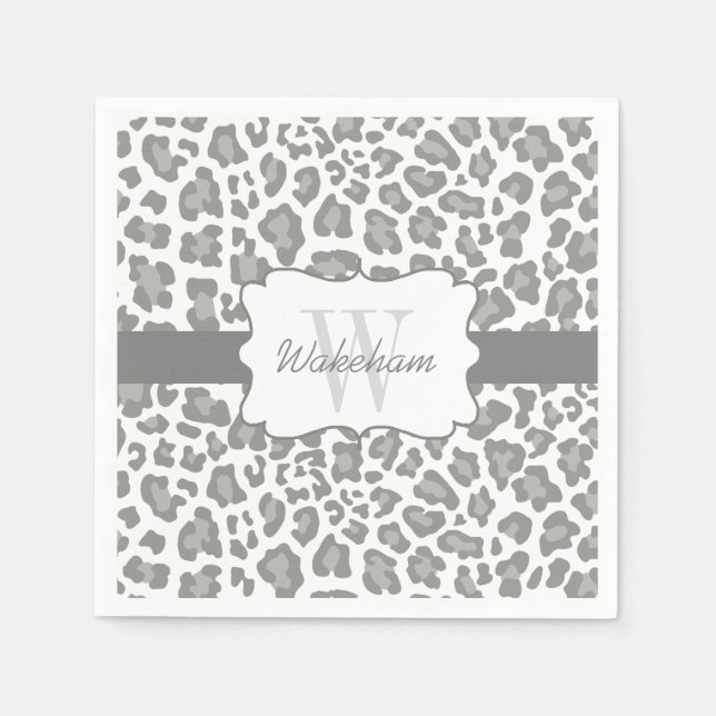 Monogram Leopard White and Gray Cocktail Napkin Serviette (Vorderseite)