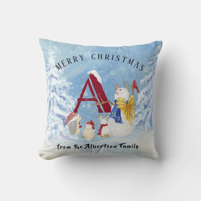 Monogram Letter A Frohe Weihnachts Angel Snowman Kissen (Vorderseite)