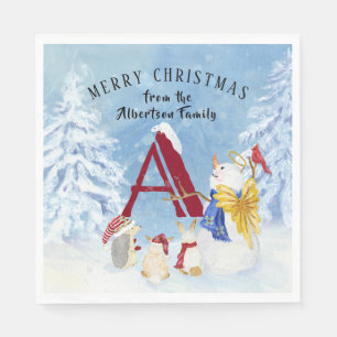 Monogram Letter A Frohe Weihnachts Angel Snowman Serviette