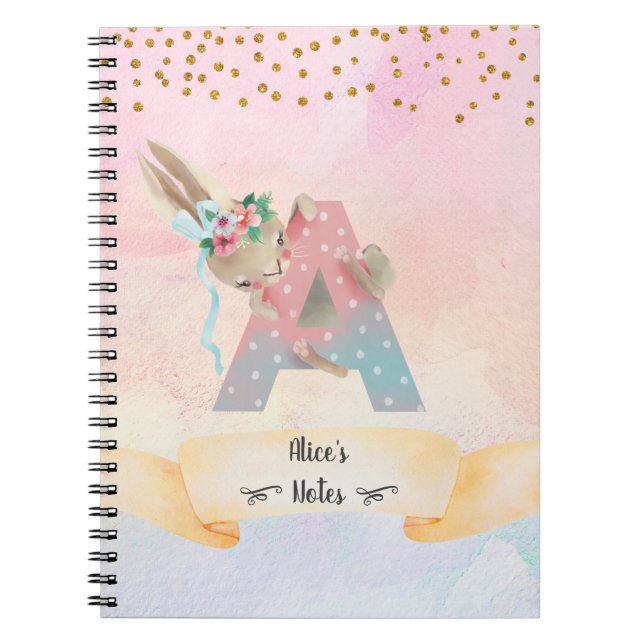 Monogram Letter A Niedlich Bunny Girl Daily Diary Notizblock (Vorderseite)