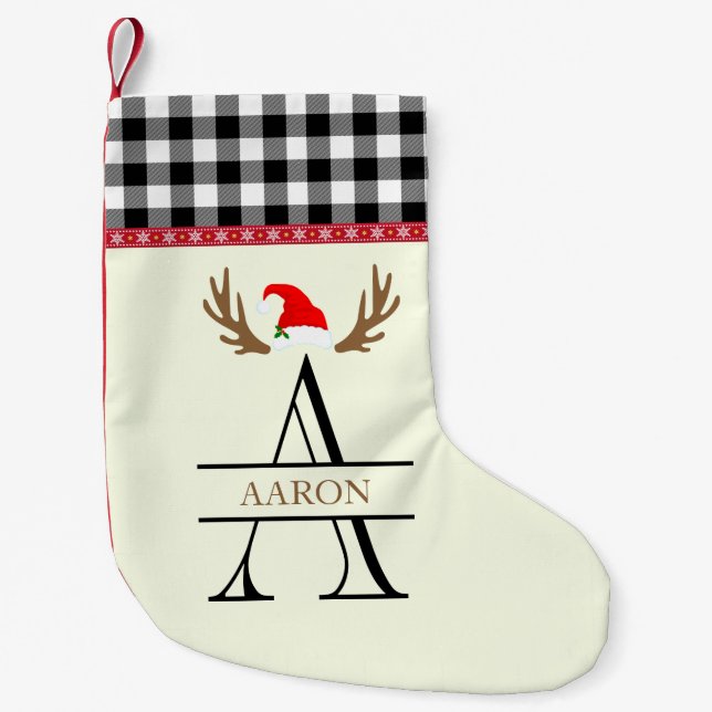 Monogram Letter A Xmas Name White Black Tartan Kleiner Weihnachtsstrumpf (Vorderseite)