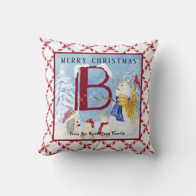 Monogram Letter B Angel Snowman Frohe Weihnachten Kissen (Vorderseite)