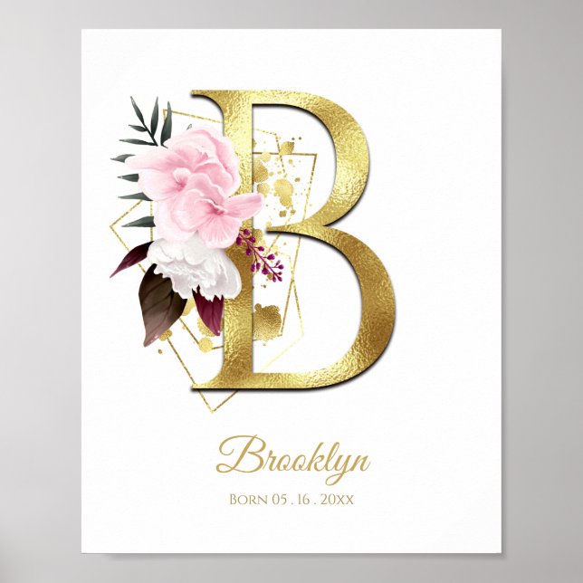 Monogram Letter B Gold Foil & Pink Floral Kinderzi Poster (Vorne)