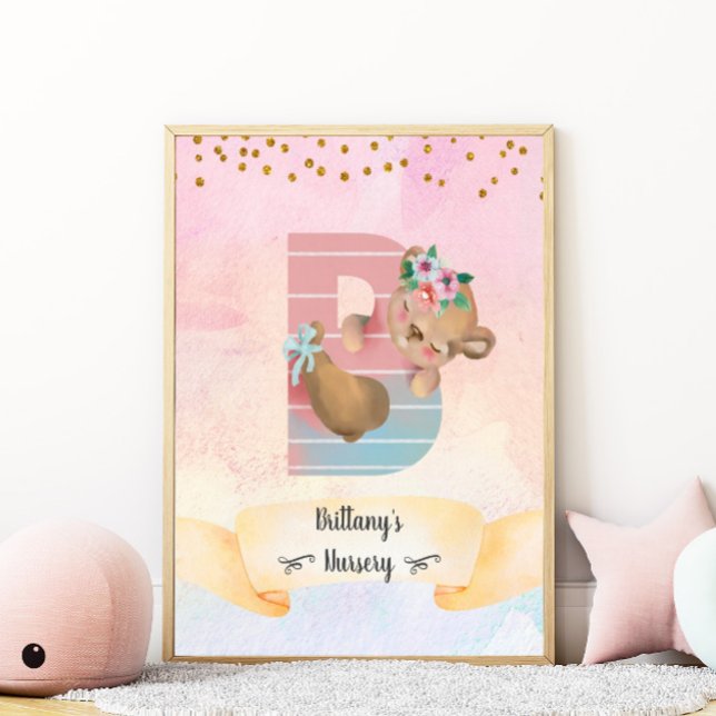 Monogram Letter B Niedlich Bär Girl Kinderzimmer P Poster (Von Creator hochgeladen)