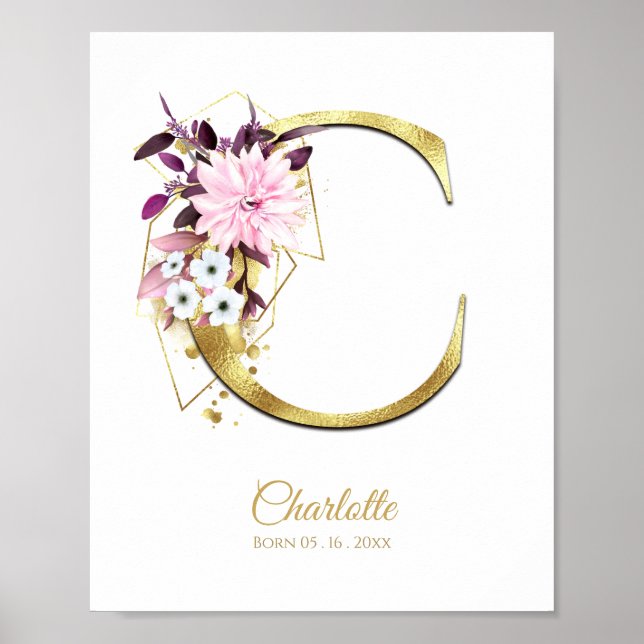 Monogram Letter C Gold Foil & Pink Floral Kinderzi Poster (Vorne)