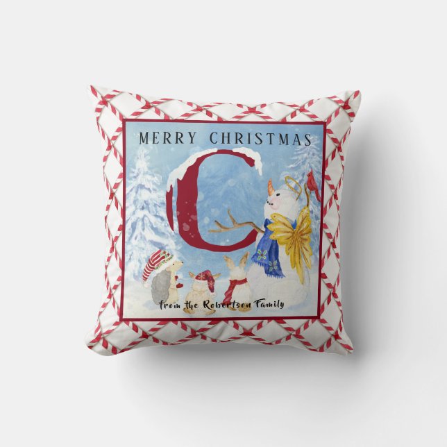 Monogram Letter C Snowy Christmas Angel Snowman Kissen (Vorderseite)