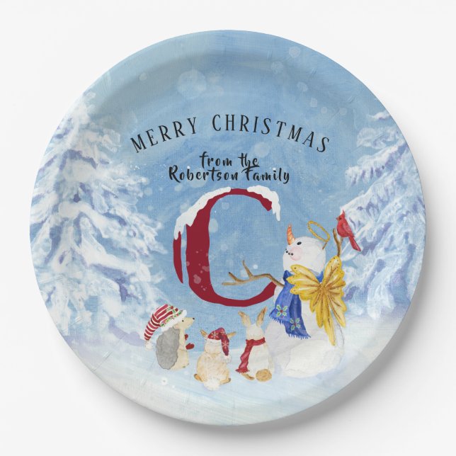 Monogram Letter C Snowy Christmas Angel Snowman Pappteller (Vorderseite)
